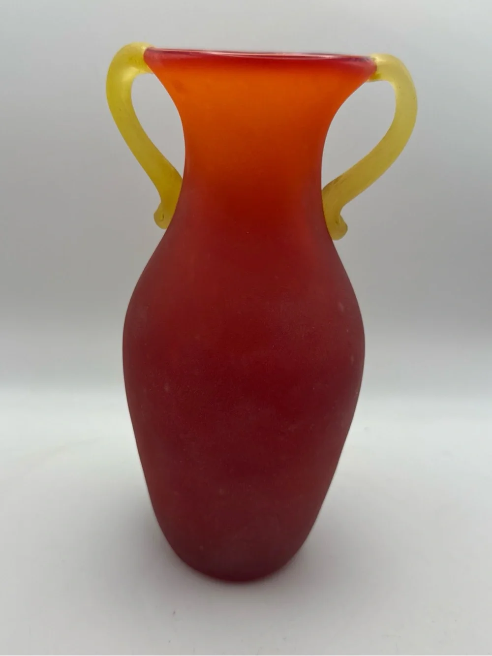 Murano Style Glass Vase Amphora Roman Style Red w/ Yellow Scroll Handles Scavo